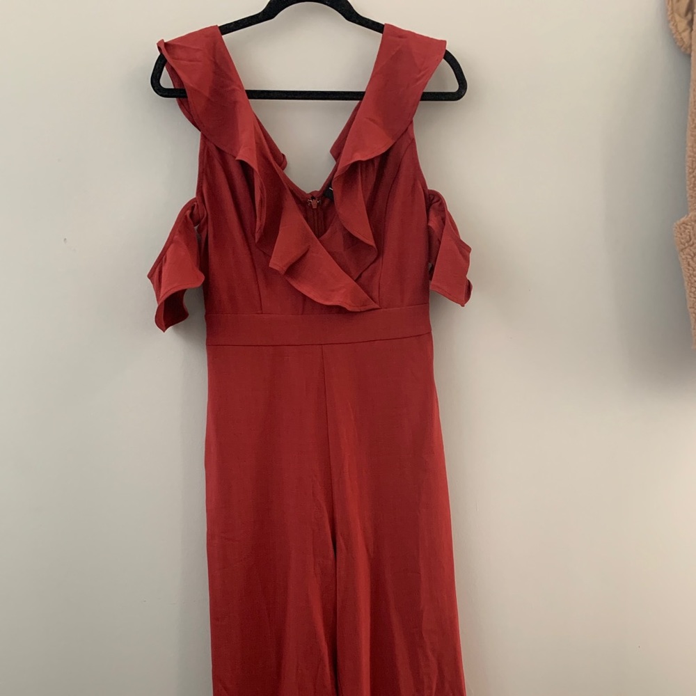 Red Ruffled Wide-Leg Off-Shoulder Jumpsuit - Picture 7 of 8